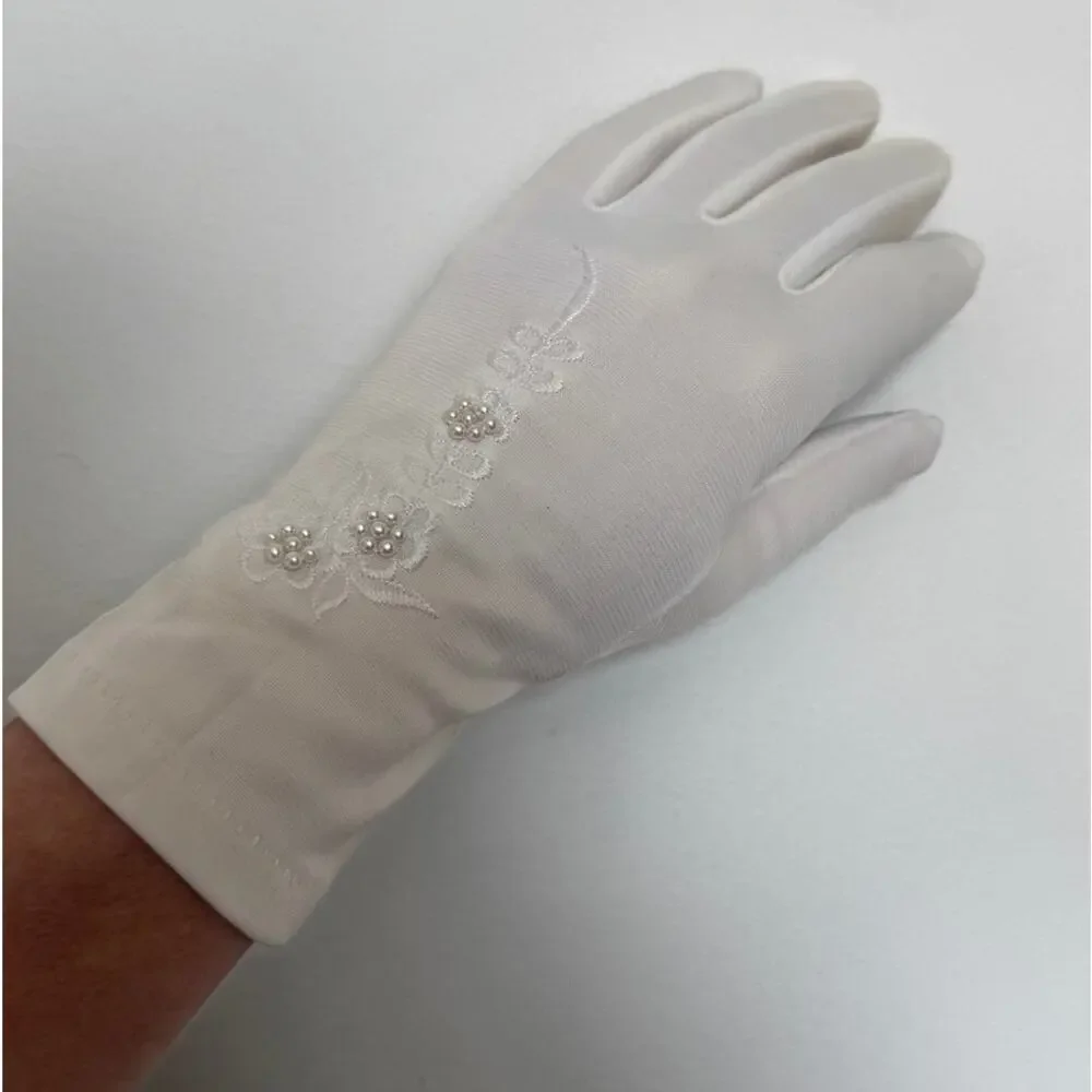 Vintage 1980s White/Ivory Unbranded Satin Beaded Floral Gloves XS S